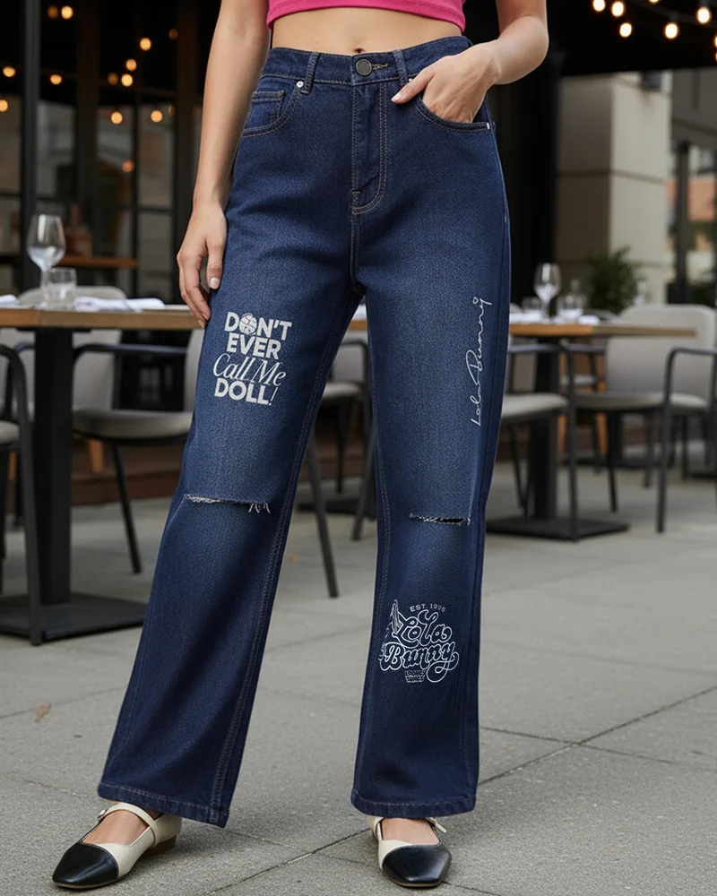 بيواكوف جينز نسائي أزرق مستقيم بقصة ممزقة وغسيل